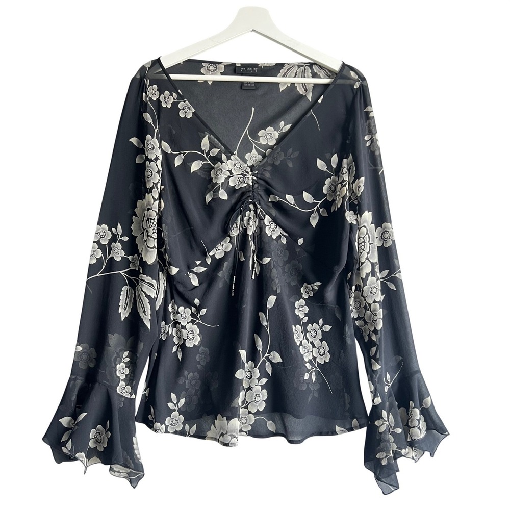 Vintage Limited Silk Chiffon Floral Bell Sleeve Blouse XL Black White V-Neck